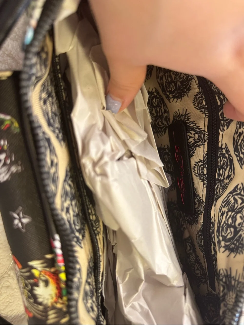 Ed Hardy Black Multicolor Tattoo-Print Crossbody Bag with Grommet Trim